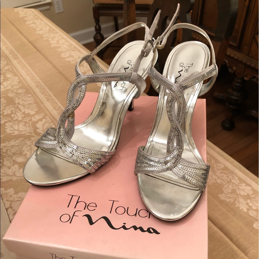 Silver satin, sequined strappy heels